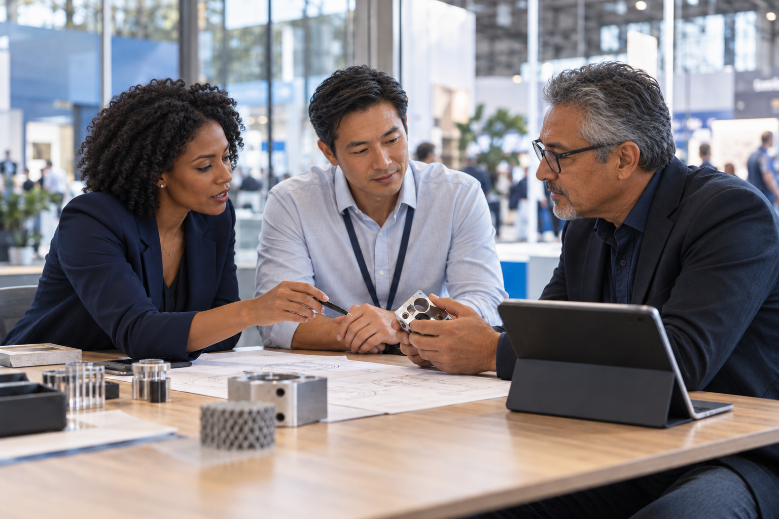 Business owners review a project plan and product sample together