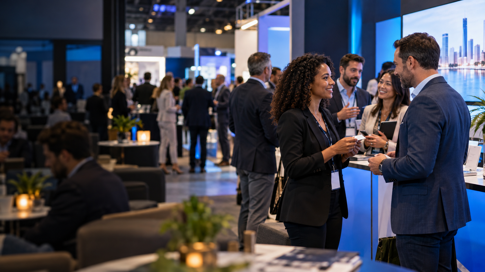 Business representatives talk and exchange a card at an expo booth